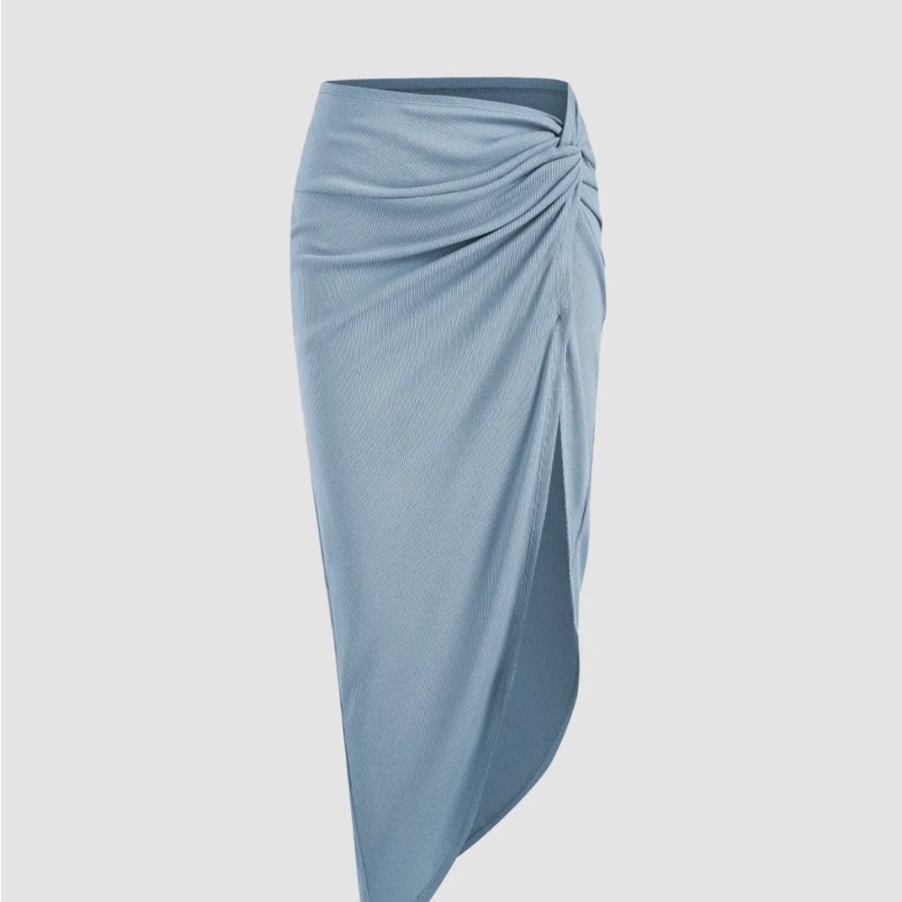 Solid ruched stretchy asymmetrical midi skirt